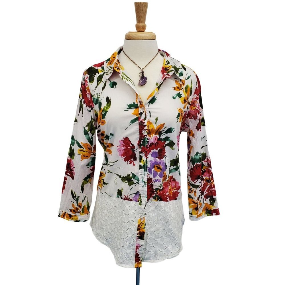 AVEC Womens Button Up‎ Floral Eyelet Blouse Top Size L Multicolor 3/4 Sleeve